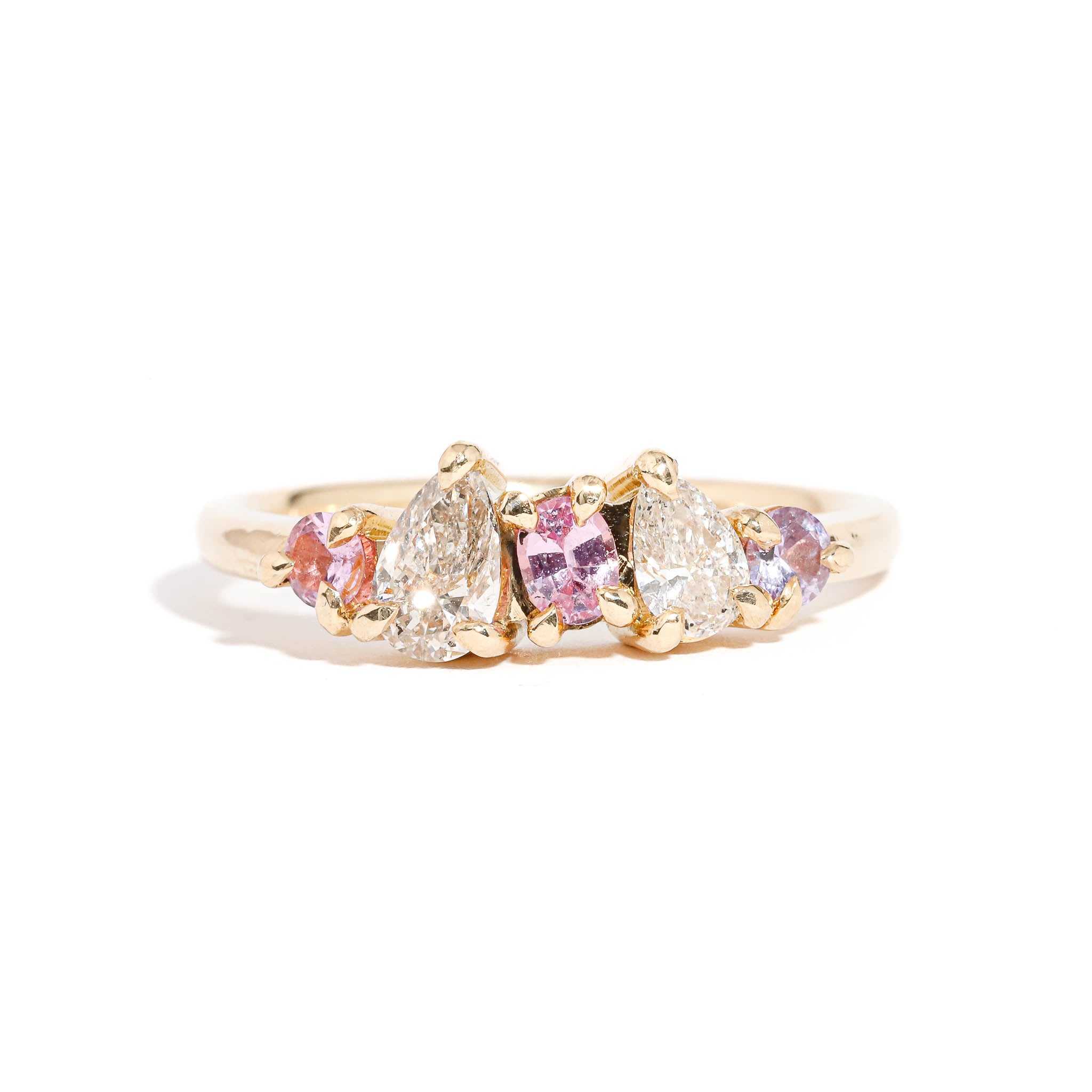 Pear Cut Diamond and Pink Sapphire Cluster Ring in 18ct Yellow Gold