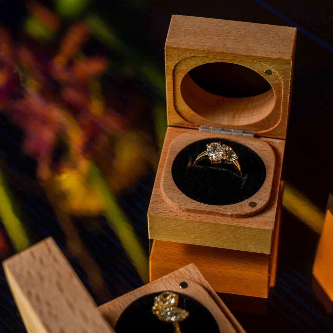 engagement ring in wooden box