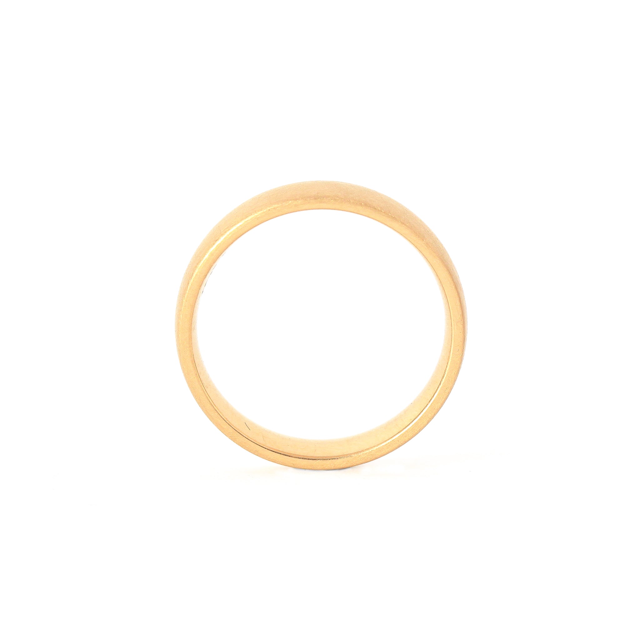 Classic 18 carat yellow gold wedding band with matte, brushed finish.