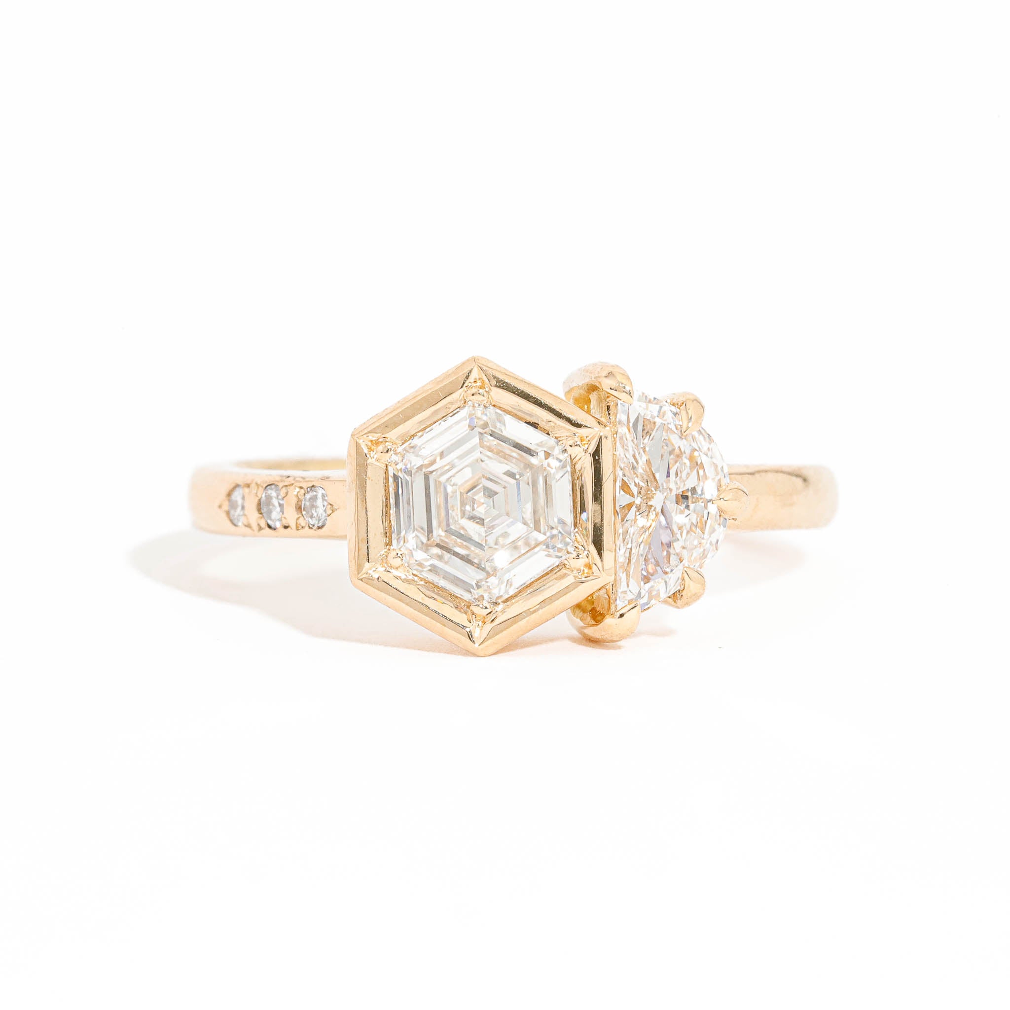 Hexagon Cut and Half Moon Cut Diamond Two Stone Ring in 18 Carat Yellow Gold