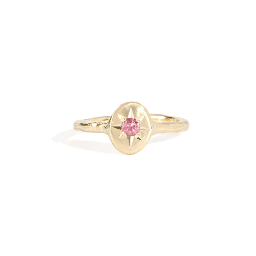 9ct yellow gold signet ring with star set pink sapphire in centre. Bespoke and handmade in Melbourne by Black Finch Jewellery