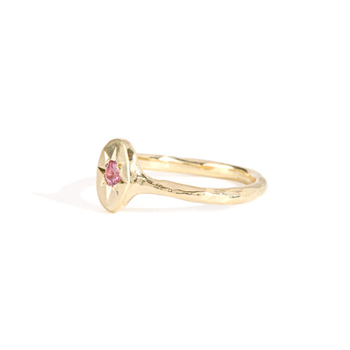 9ct yellow gold signet ring with star set pink sapphire in centre. Bespoke and handmade in Melbourne by Black Finch Jewellery