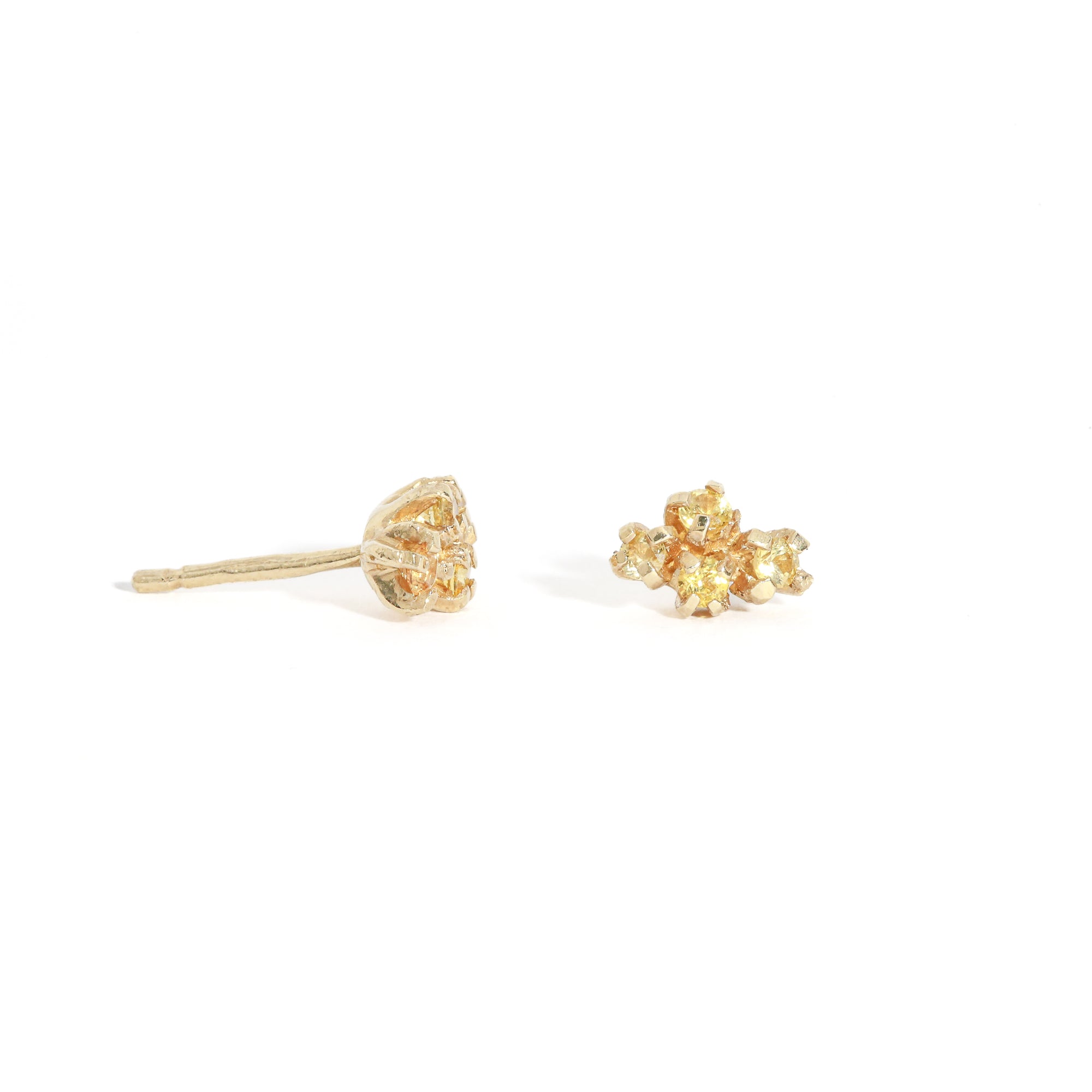 Pair of gold studs featuring four yellow sapphires. Bespoke and handmade in Melbourne by Black Finch Jewellery.