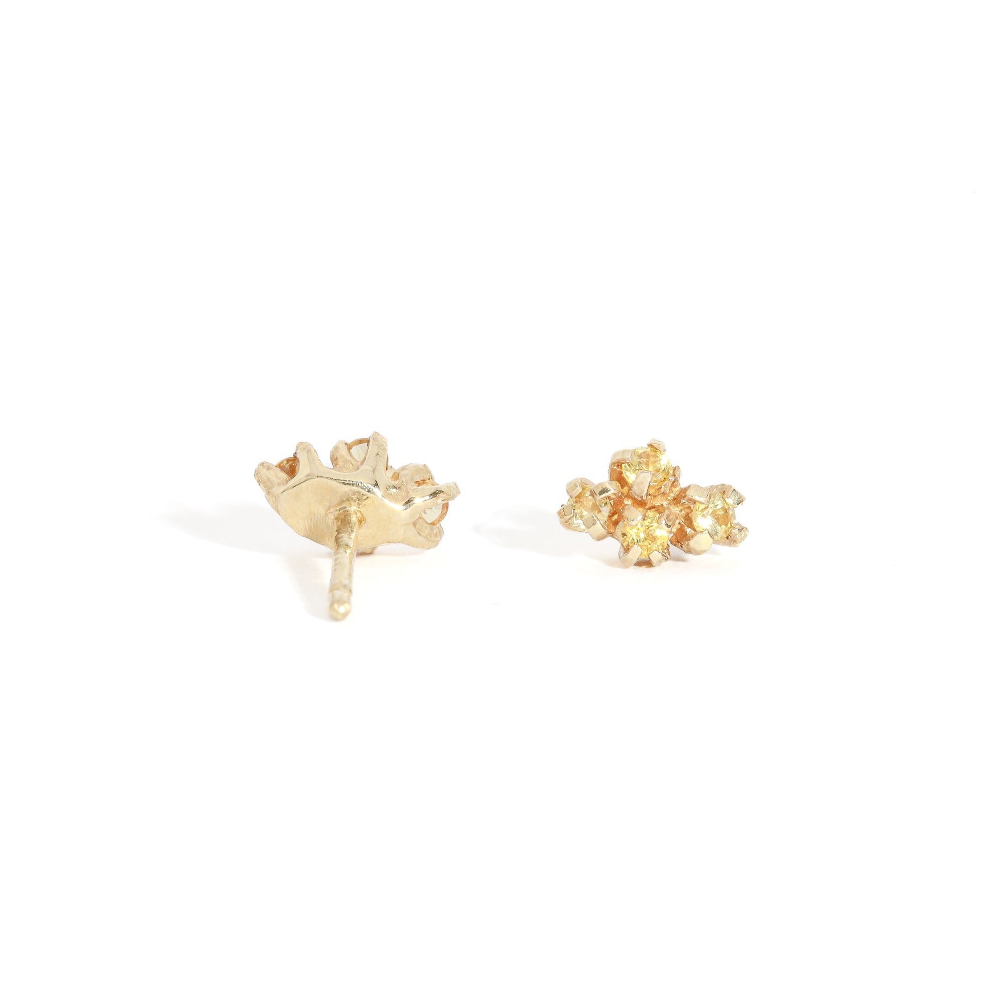 Pair of gold studs featuring four yellow sapphires. Bespoke and handmade in Melbourne by Black Finch Jewellery.