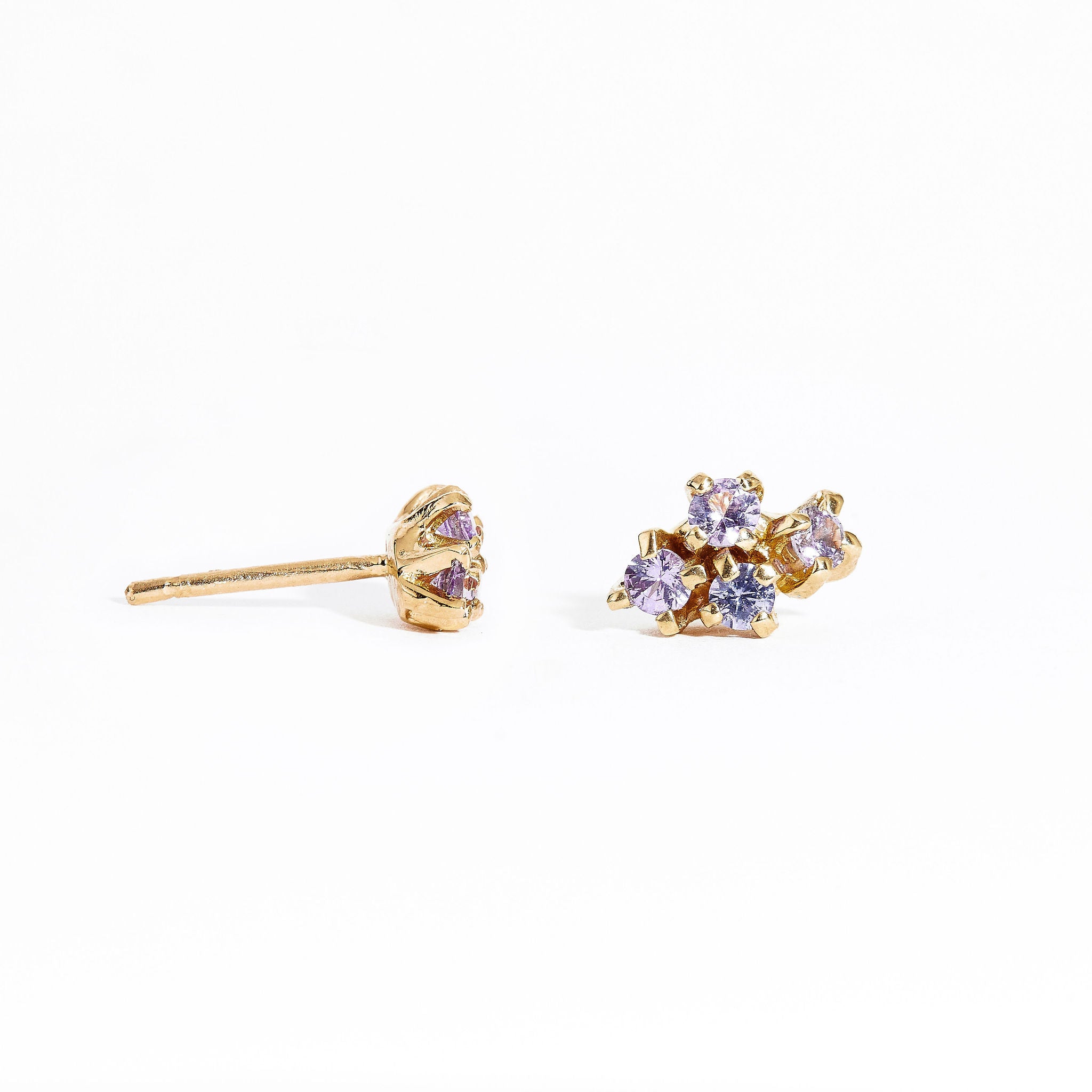  Pair of gold studs featuring four lilac sapphires. Bespoke and handmade in Melbourne by Black Finch Jewellery.