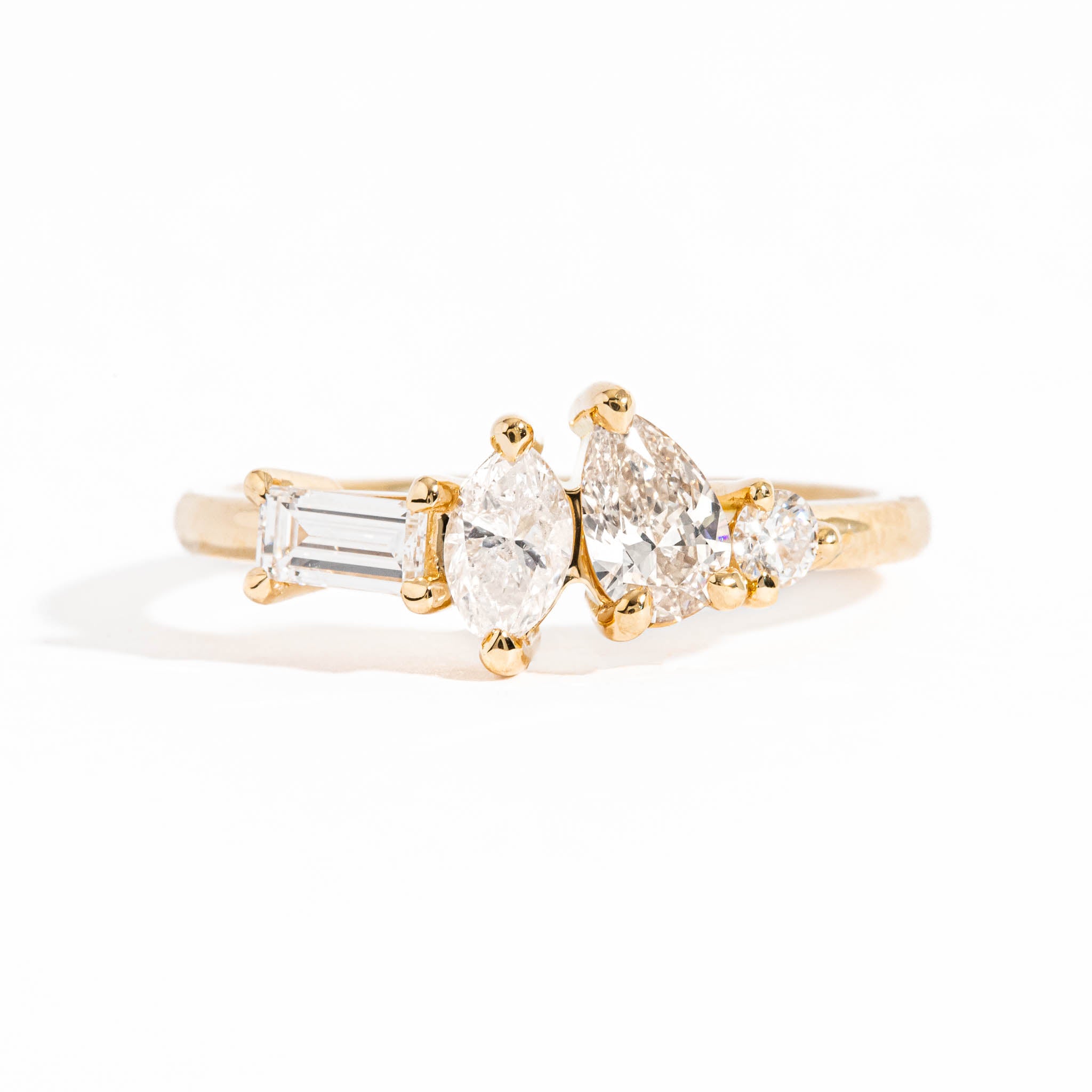 Four Stone Pear Cut, Marquise Cut, Baguette Cut White Diamond Engagement Ring in 18 Carat Yellow Gold