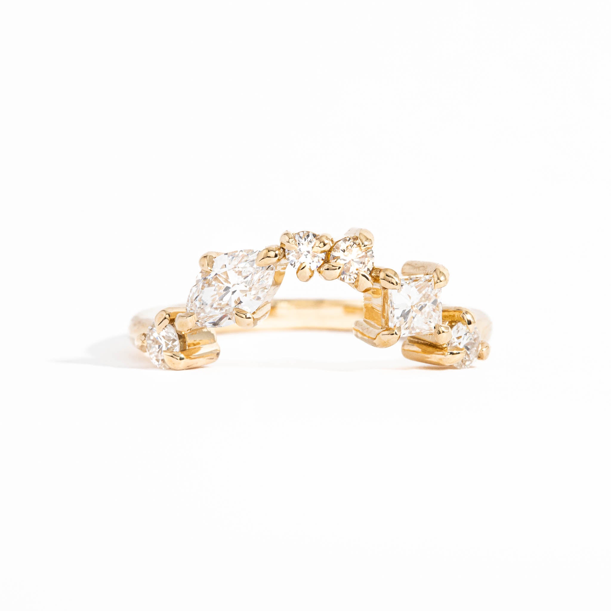 Six Stone White Diamond Curved Engagement Ring in 18 Carat Yellow Gold