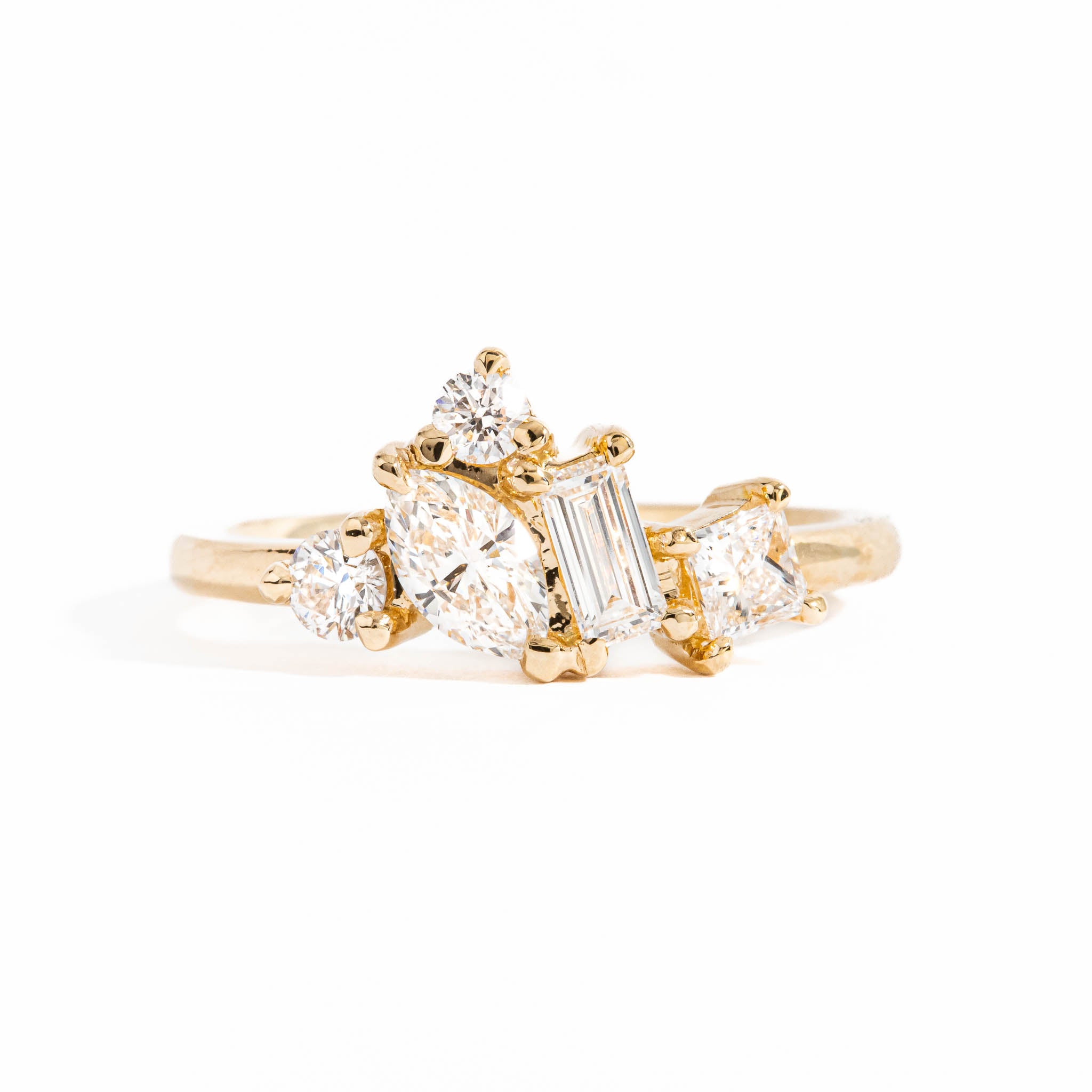 Five Stone Pear Cut, Baguette Cut and Princess Cut White Diamond Engagement Ring in 18 Carat Yellow Gold