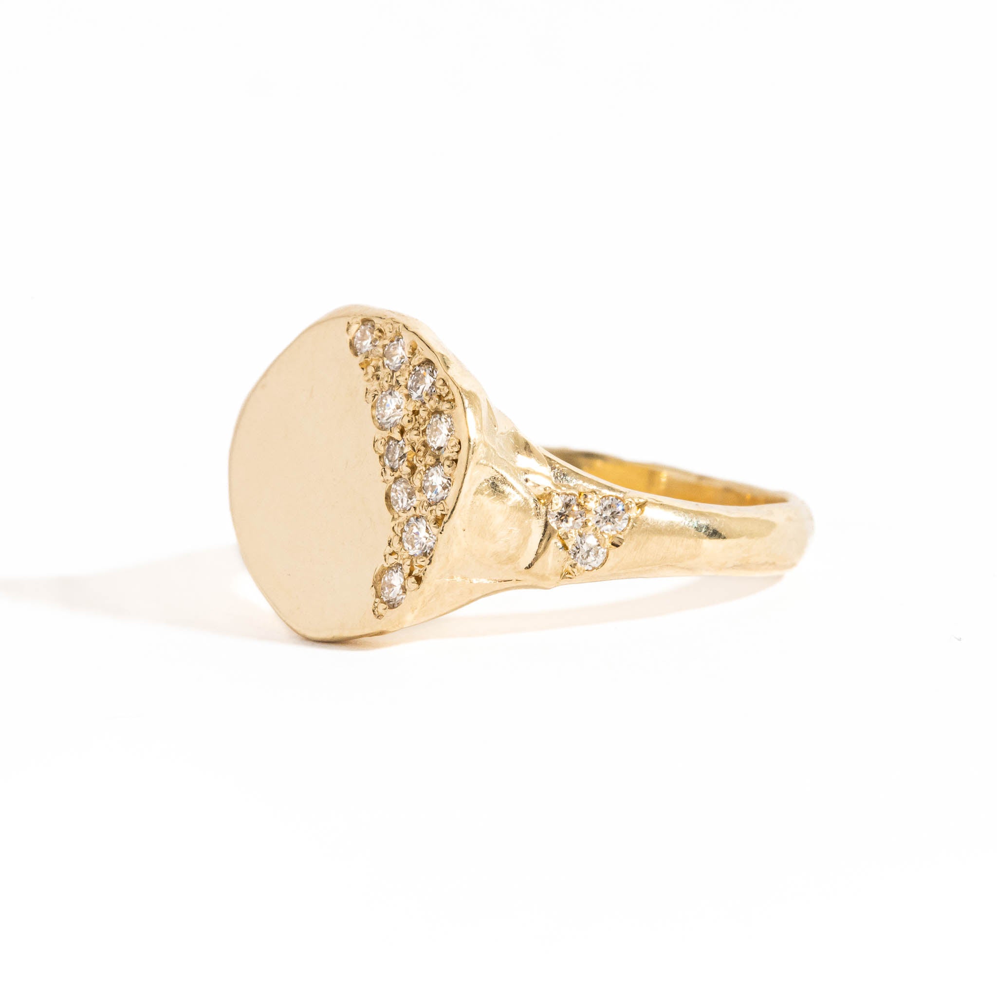  Round Signet Ring wth Pave Set White Diamond in 9 Carat Yellow Gold