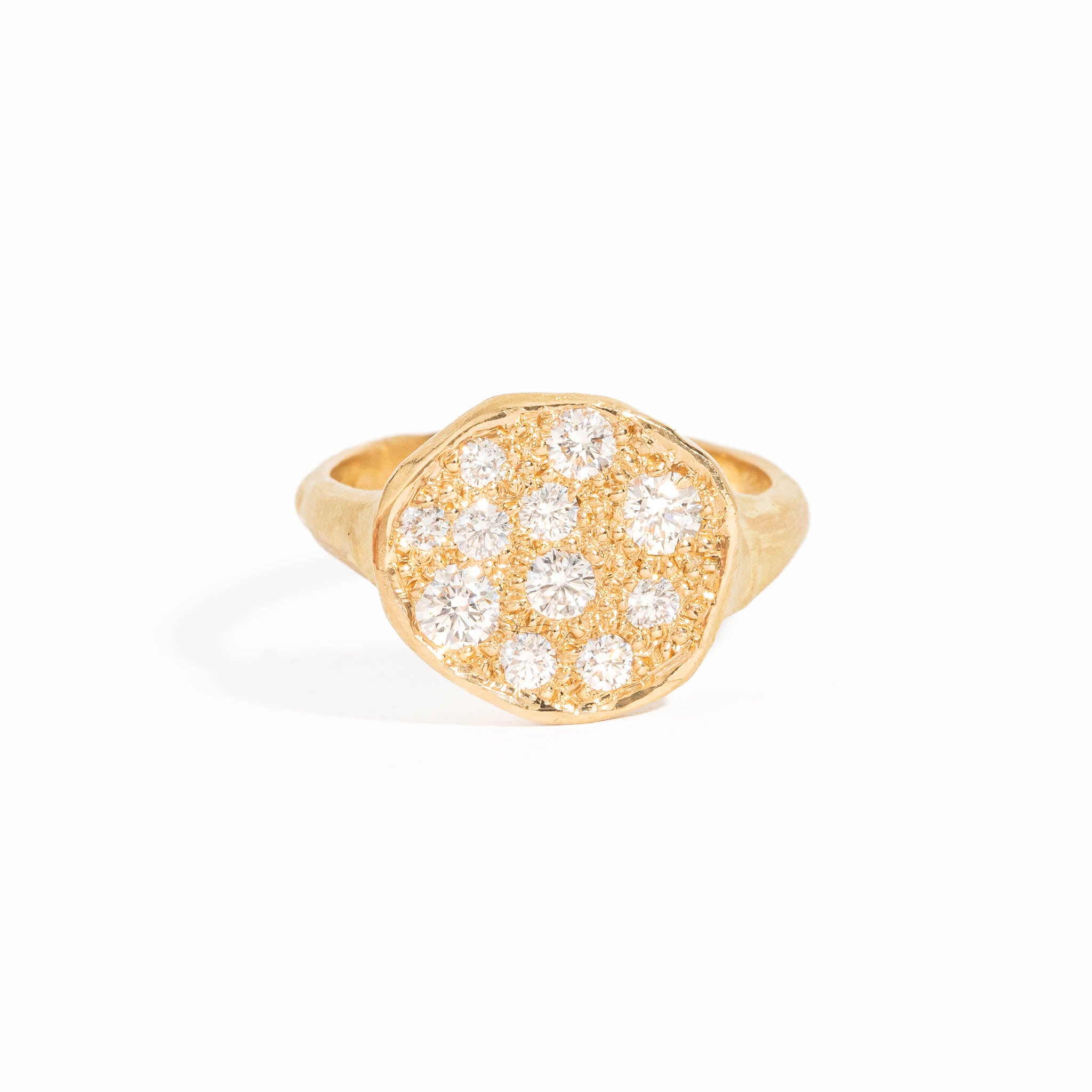  Round Signet Ring wth Pave Set White Diamond in 18 Carat Yellow Gold 